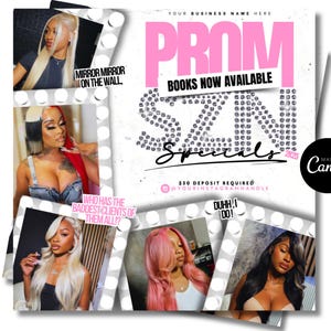 Puede incluir: Un folleto blanco y rosa con el texto "PROM Specials 2023" en letras grandes y negritas. El folleto presenta fotos de mujeres con diferentes peinados y el texto "Reservas disponibles ahora" y "Depósito de 30 € requerido @yourinstagramhandle".