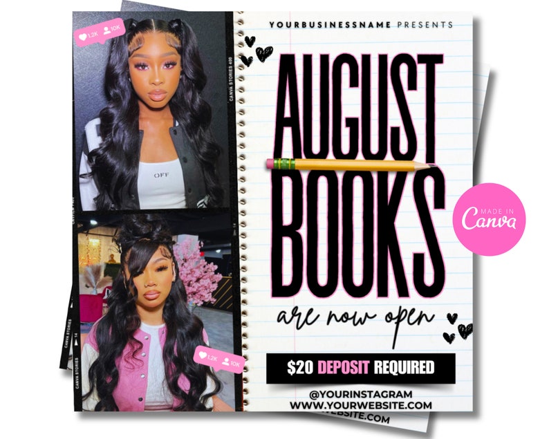 Peut inclure: Une affiche de couleur rose et noire annon&ccedil;ant que les inscriptions pour August Books sont maintenant ouvertes. L'affiche a un fond de papier de cahier avec un crayon et des c&oelig;urs. Le texte "$20 DEPOSIT REQUIRED" est dans un encadr&eacute; noir. Le texte "@YOURINSTAGRAM WWW.YOURWEBSITE.COM" est en dessous de l'encadr&eacute;.