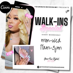 Hair Booking Flyer, Book Now Flyer, Appointment Flyer, Walk Ins Flyer, Make up, Nails , Booking Flyer, Canva Template, DIY Booking Flyer