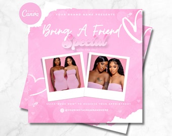 Bring A Friend Flyer, Bring A Friend Special, Bring A Friend Angebot, Bestie Angebot Flyer, Haare Zöpfe Wimpern Nägel Make-up Verkaufsaktion