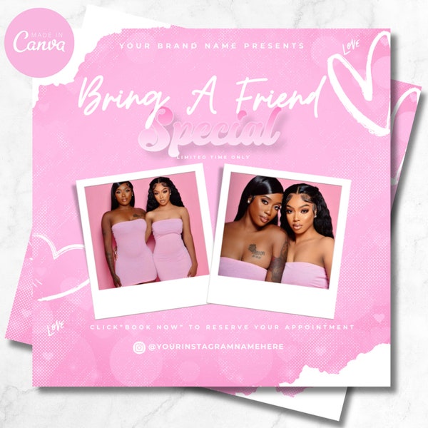 Bring A Friend Flyer, Bring A Friend Special, Bring A Friend Deal, Bestie Deal Flyer, Hair Braids Lashes  Nails Makeup Sale Promotion