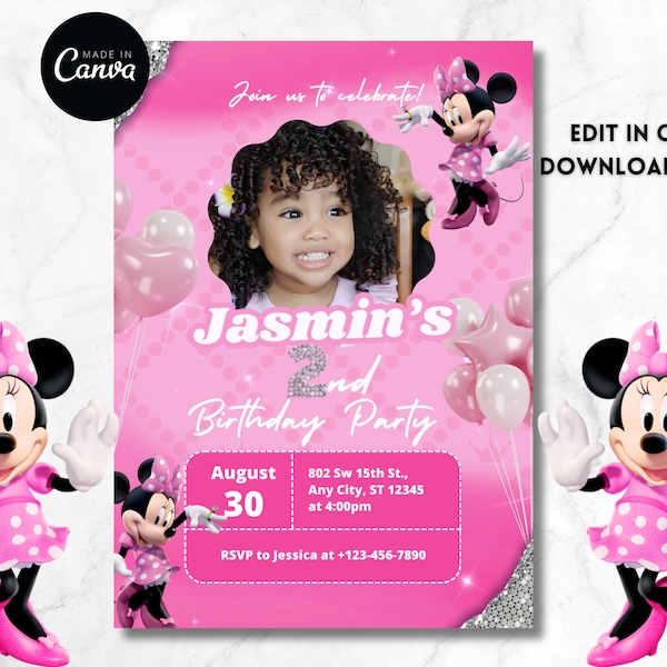 Minnie Mouse Birthday Invitation  Pink Balloon Minnie Mouse Invite  Simple Design  Digital invitation  Edit and Print at Home Pink Princess