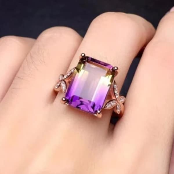 Ametrine Ring, 925 Solid Sterling Silver Ring, Multi Color Ametrine Quartz Gemstone Ring, Rose Gold, Yellow Gold Plated, Women Ring