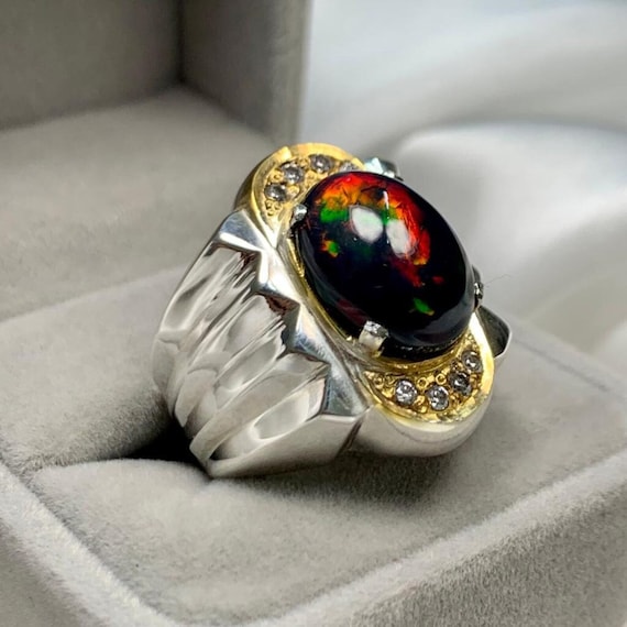 Bague pour hommes avec opale de feu noire naturelle AAA bague pour hommes en argent sterling massif 925 faite main avec opale veritable effet tonifiante bague avec pierre de naissance d octobre