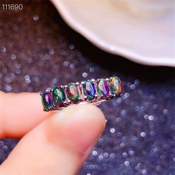 Natural Black Opal Half Eternity Band Ring, 925 Sterling Silver Fire Opal Ring, October Birthstone Ring, Wedding Band Ring, Opal Band Ring