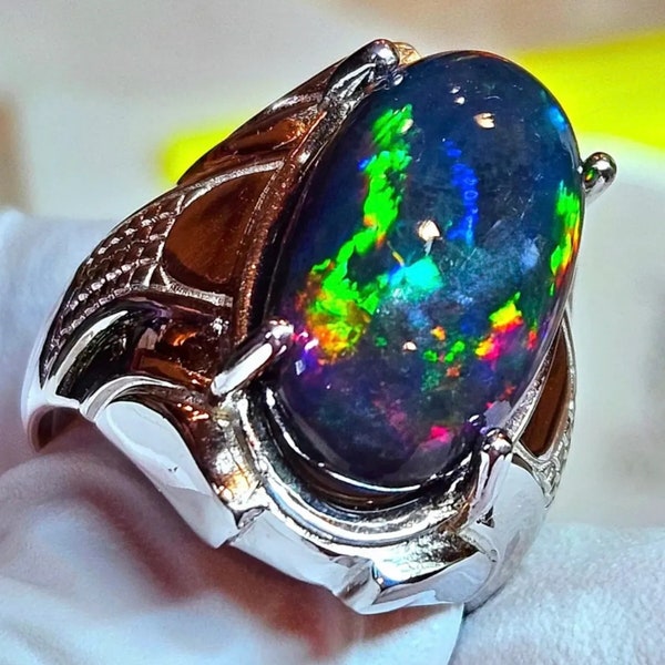 5A Quality Natural Black Fire Opal Men's Ring, 925 Solid Sterling Silver Handmade Amazing Flashes Fire Opal Men's October Birthstone Ring,