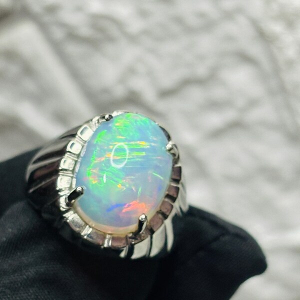 925 Sterling Silver Blue Opal Men's Ring - Handcrafted In Thailand With Black Onyx