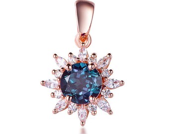 Round Cut Alexandrite Necklace For Women- Color Changing Gemstone Pendant- Alexandrite Pendant in 925 Sterling Silver Rose Gold Plated