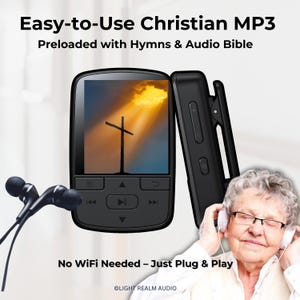 May include: Black Christian MP3 player with a screen displaying a cross. The device is preloaded with hymns and the Audio Bible. The text reads: "Easy-to-Use Christian MP3. No WiFi Needed - Just Plug & Play."