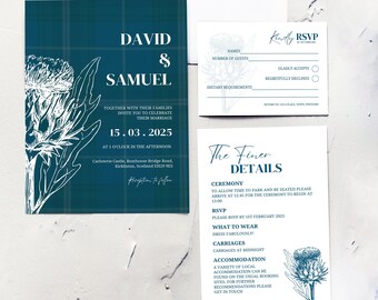 Puede incluir: Una invitación de boda azul verdosa con una ilustración de cardo blanco. La invitación dice "David & Samuel Junto con sus familias les invitan a celebrar su matrimonio 15.03.2025 a la 1:00 pm Carlowrie Castle, Boathouse Bridge Road, Kirkliston, Escocia EH29 9ES Recepción a continuación"