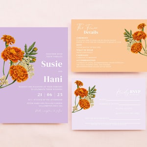 Lilac and Orange Floral Wedding Invitation Suite - Template - 3 Piece Set - Digital Download - Editable - Email or Print - Instant Download