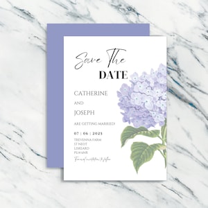 May include: Save the Date card with a purple hydrangea illustration. The card announces the wedding of Catherine and Joseph on July 06, 2025 at Trevenna Farm, St Neot, Liskeard, PL14 6NR.