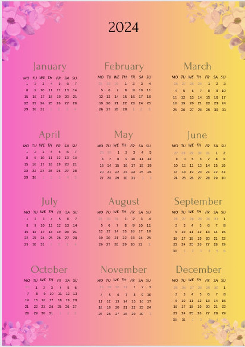 2024 Calendar Minimalist Watercolor Yearly Wall Calendar Printable