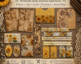 Diario Cascada de Girasoles y Etiquetas Imprimibles / Efímera de Girasoles, digital