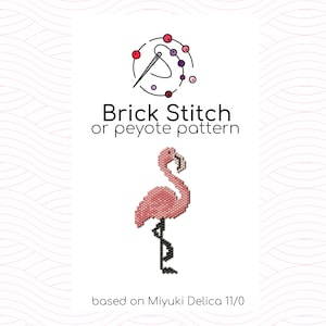May include: A pink flamingo bead sprite pattern using brick stitch or peyote stitch. The pattern is based on Miyuki Delica 11/0 beads.