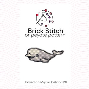 Könnte beinhalten: Ein weißes Beluga-Wal-Perlenmuster für Ziegel- oder Peyotestich mit Miyuki Delica 11/0 Perlen. Das Muster ist auf weißem Hintergrund mit einer Nadel- und Faden-Ikone dargestellt.