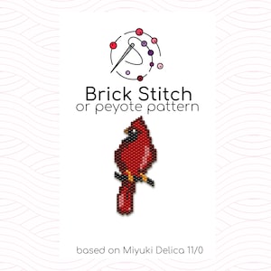 May include: A beaded cardinal bird pattern in red, black, and yellow, perched on a branch. The image includes the text "Brick Stitch or peyote pattern" and "based on Miyuki Delica 11/0". The design is set against a white background with a subtle wave pattern.