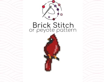 Puede incluir: Un patrón de pájaro cardenal con cuentas en rojo, negro y amarillo, posado en una rama. La imagen incluye el texto "Brick Stitch or peyote pattern" y "based on Miyuki Delica 11/0". El diseño está sobre un fondo blanco con un sutil patrón de ondas.
