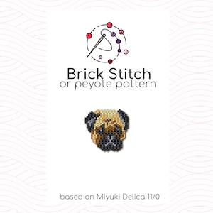 Può includere: Grafica con un disegno di carlino a perline, con il testo "Brick Stitch or peyote pattern" e "based on Miyuki Delica 11/0". Il design include un logo con ago e filo.