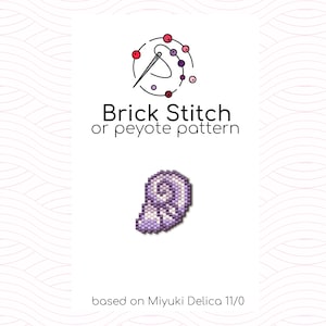 May include: A graphic showing a beaded seashell design in purple and white, made using the brick stitch or peyote pattern. The text "Brick Stitch or peyote pattern" is above the seashell, with "based on Miyuki Delica 11/0" below.