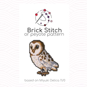 May include: A beaded owl pattern using brick stitch or peyote stitch. The pattern is based on Miyuki Delica 11/0 beads.