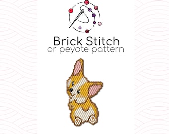 Puede incluir: Un patrón de abalorios para un lindo corgi de dibujos animados, utilizando punto de ladrillo o punto de peyote. El patrón se basa en cuentas Miyuki Delica 11/0.