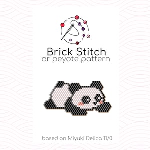 May include: A black and white beading pattern of a panda bear lying down. The pattern is for brick stitch or peyote stitch and is based on Miyuki Delica 11/0 beads.