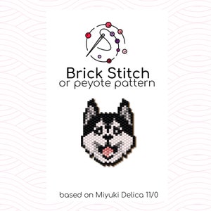 May include: A black and white bead sprite pattern of a husky dog's face. The pattern is for brick stitch or peyote stitch and is based on Miyuki Delica 11/0 beads.