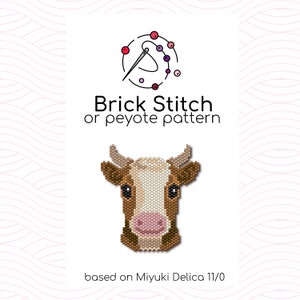 May include: A brown and white cow head beading pattern using brick stitch or peyote stitch. The pattern is based on Miyuki Delica 11/0 beads.