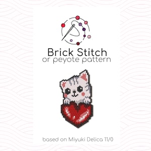 Kitten and Heart Brick Stitch Pattern - Brick or peyote stitch pattern based on Miyuki Delica seed beads