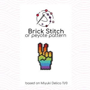 May include: A rainbow peace sign beading pattern using brick stitch or peyote stitch. The pattern is based on Miyuki Delica 11/0 beads.