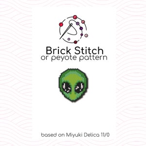 May include: Green alien face beading pattern for brick stitch or peyote stitch. The pattern is based on Miyuki Delica 11/0 beads.