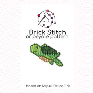May include: A green and brown turtle bead pattern for brick stitch or peyote stitch using Miyuki Delica 11/0 beads.