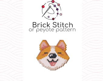 Puede incluir: Gráfico que presenta una cara de perro corgi con cuentas, con el texto "Brick Stitch or peyote pattern" y "based on Miyuki Delica 11/0". El corgi está hecho de cuentas de color canela, blanco y negro.