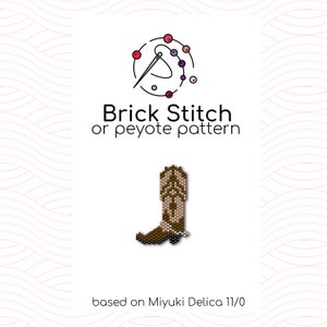 May include: A brown cowboy boot with a white and brown pattern, beaded with brown and white seed beads. The boot is a brick stitch or peyote pattern, based on Miyuki Delica 11/0 beads.