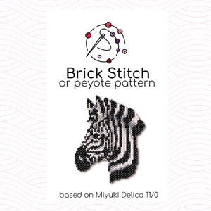 May include: Black and white bead pattern of a zebra head, using brick stitch or peyote stitch. The pattern is based on Miyuki Delica 11/0 beads.