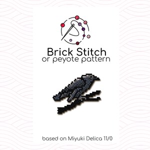 May include: A black and white beading pattern for a crow sitting on a branch. The pattern is called "Brick Stitch or peyote pattern" and is based on Miyuki Delica 11/0 beads.