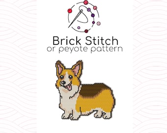 Puede incluir: Un patrón de abalorios para un corgi, utilizando punto de ladrillo o punto de peyote. El patrón está basado en cuentas Miyuki Delica 11/0.