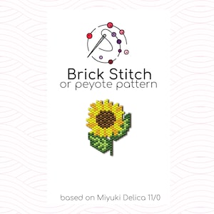 Puede incluir: Un diagrama que muestra cómo hacer un girasol usando la técnica de punto de ladrillo o punto de peyote. El girasol es amarillo con un centro marrón y hojas verdes. El texto debajo del girasol dice "basado en Miyuki Delica 11/0".