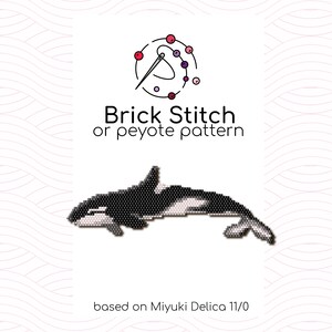 May include: Black and white beaded orca whale pattern for brick stitch or peyote beading. The pattern is based on Miyuki Delica 11/0 beads.