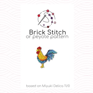 Peut inclure: Un motif de broderie de perles de coq coloré utilisant le point de brique ou le point de peyote. Le motif est basé sur des perles Miyuki Delica 11/0.