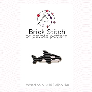 May include: Black and white bead sprite pattern of an orca, or killer whale, with a white belly. The pattern is for brick stitch or peyote stitch using Miyuki Delica 11/0 beads.