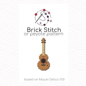 May include: A brown and black beaded guitar pattern for brick stitch or peyote stitch using Miyuki Delica 11/0 beads.