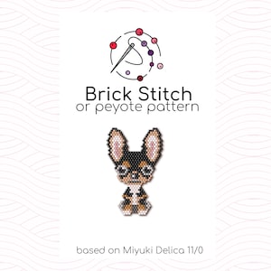 Peut inclure: Graphique d'un chien Chihuahua perlé, réalisé avec les techniques du point de brique ou du point peyote. Le texte "Brick Stitch or peyote pattern" est affiché au-dessus du chien, avec "based on Miyuki Delica 11/0" en dessous.