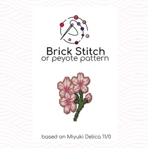 May include: A pink flower with green leaves and buds, created using brick stitch or peyote beading pattern. The design is based on Miyuki Delica 11/0 beads.