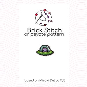 May include: A beading pattern for a small, green alien with purple details. The pattern is called "Brick Stitch or peyote pattern" and is based on Miyuki Delica 11/0 beads.