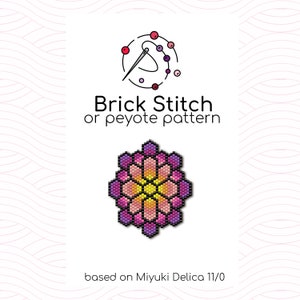 May include: A pink, yellow and purple beaded flower design using the brick stitch or peyote pattern. The design is based on Miyuki Delica 11/0 beads.