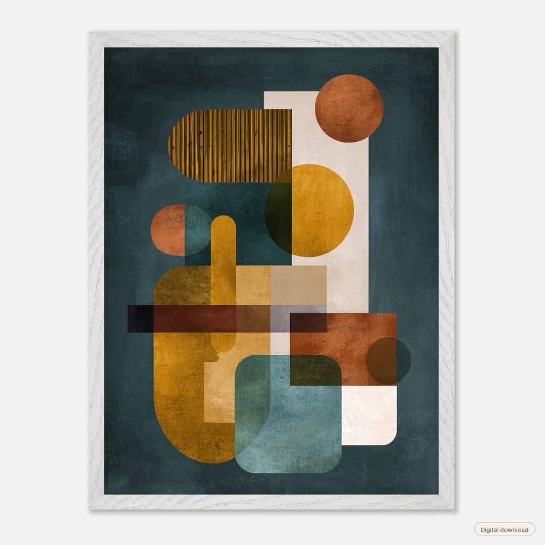 Mid Century Abstract Geometric Print: Bauhaus Style Orange Teal Wall ...