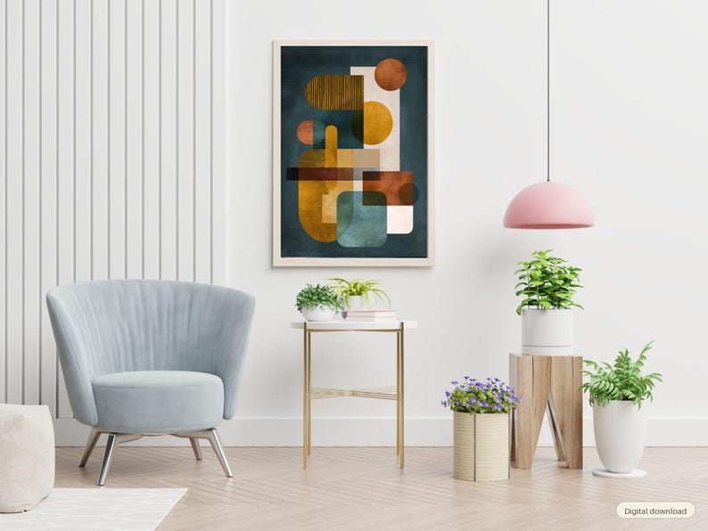 Mid Century Abstract Geometric Print: Bauhaus Style Orange Teal Wall ...