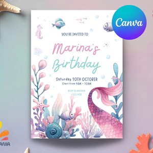 Editable Mermaid Tail Birthday Invitation – Under the Sea Theme – Girls Party Canva Template – M3012